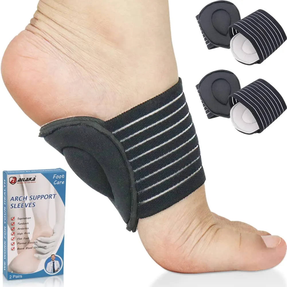 Ailaka 2 Pairs Arch Supports Compression Padded Plantar Fasciitis Bandages for Pain Relief and Sore Flat Feet, Heel Spurs (Black and Gray, One Size) Grey