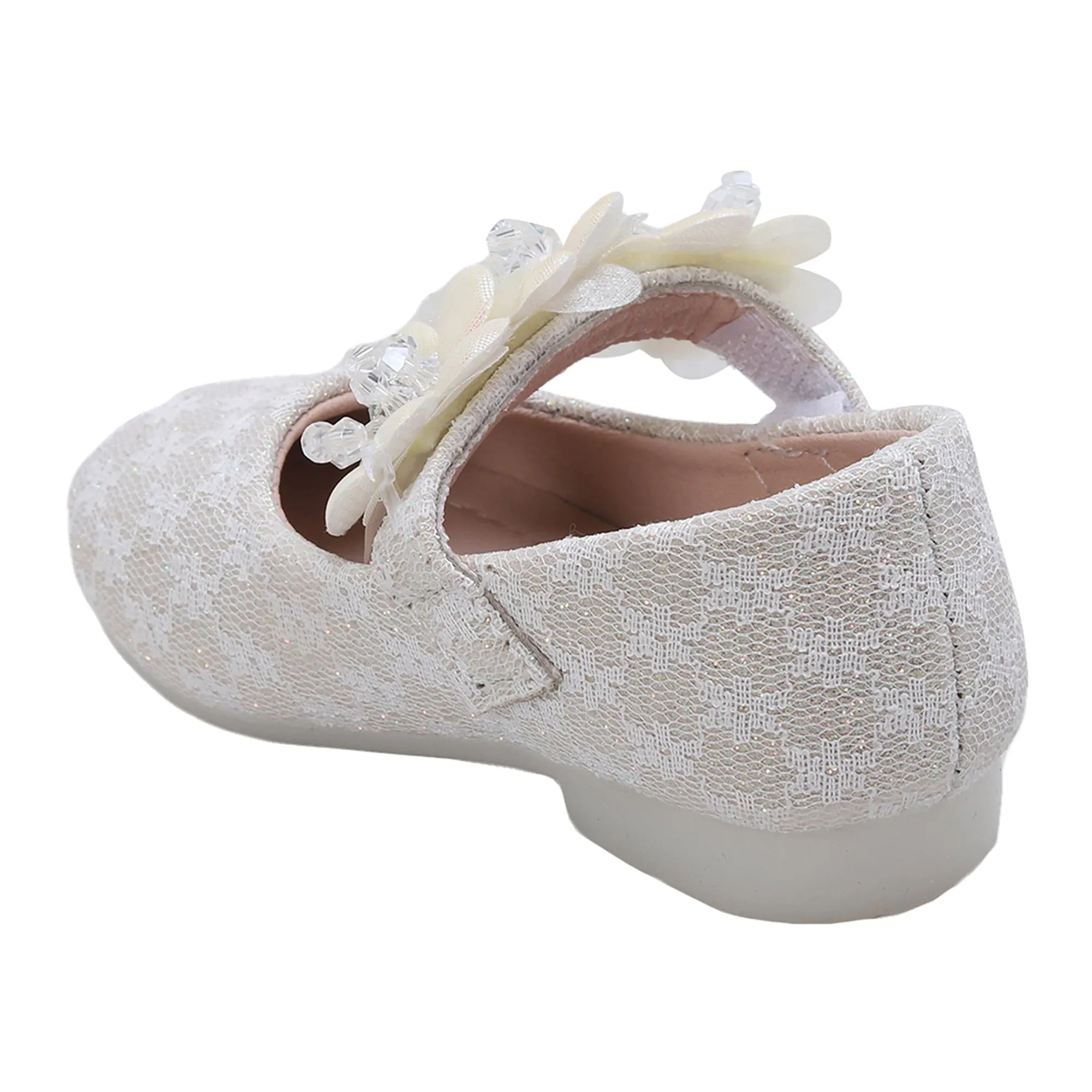 Baby Moo Mary Jane Lace Floral Applique On Velcro Strap Anti-Skid Ballerina Shoes - Gold