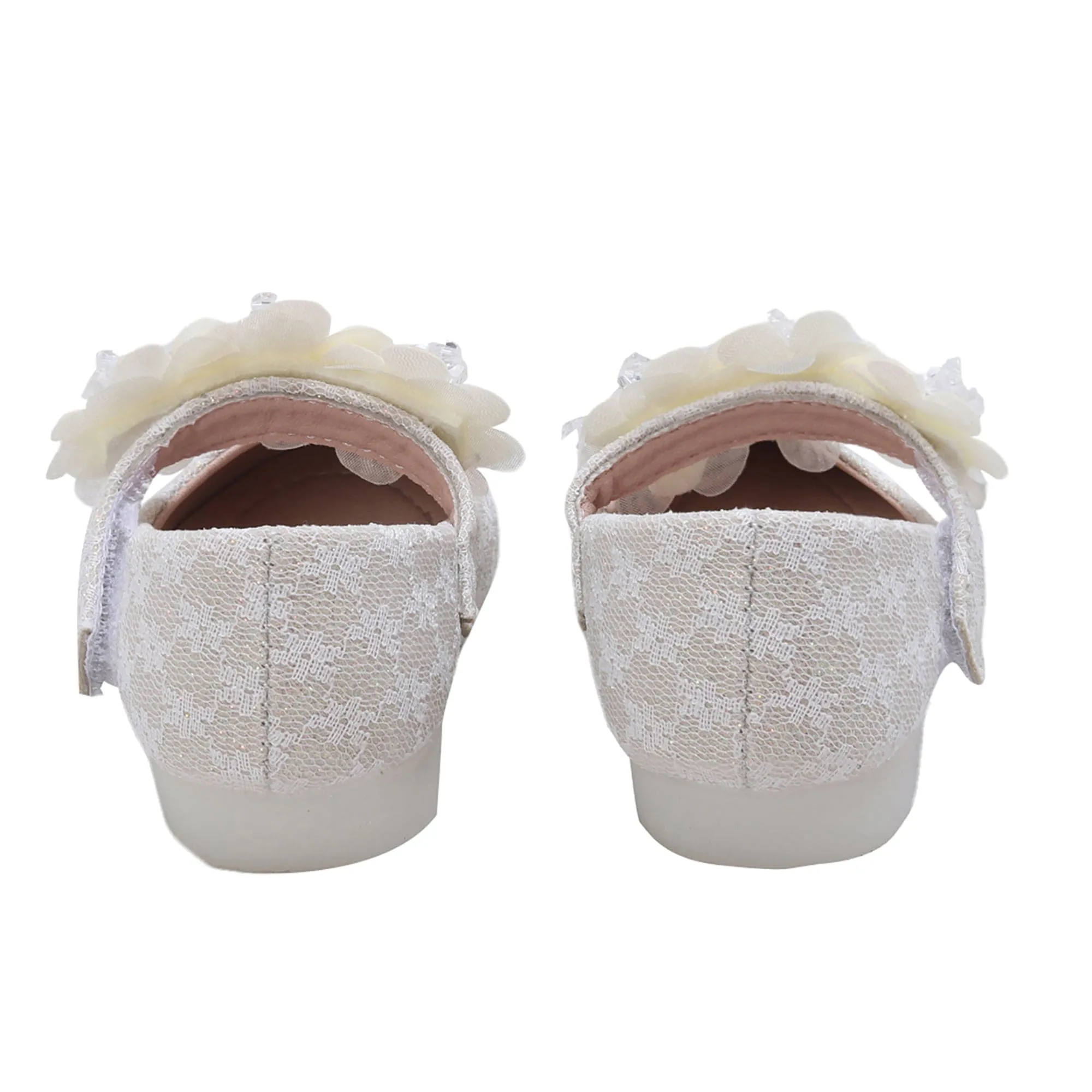 Baby Moo Mary Jane Lace Floral Applique On Velcro Strap Anti-Skid Ballerina Shoes - Gold