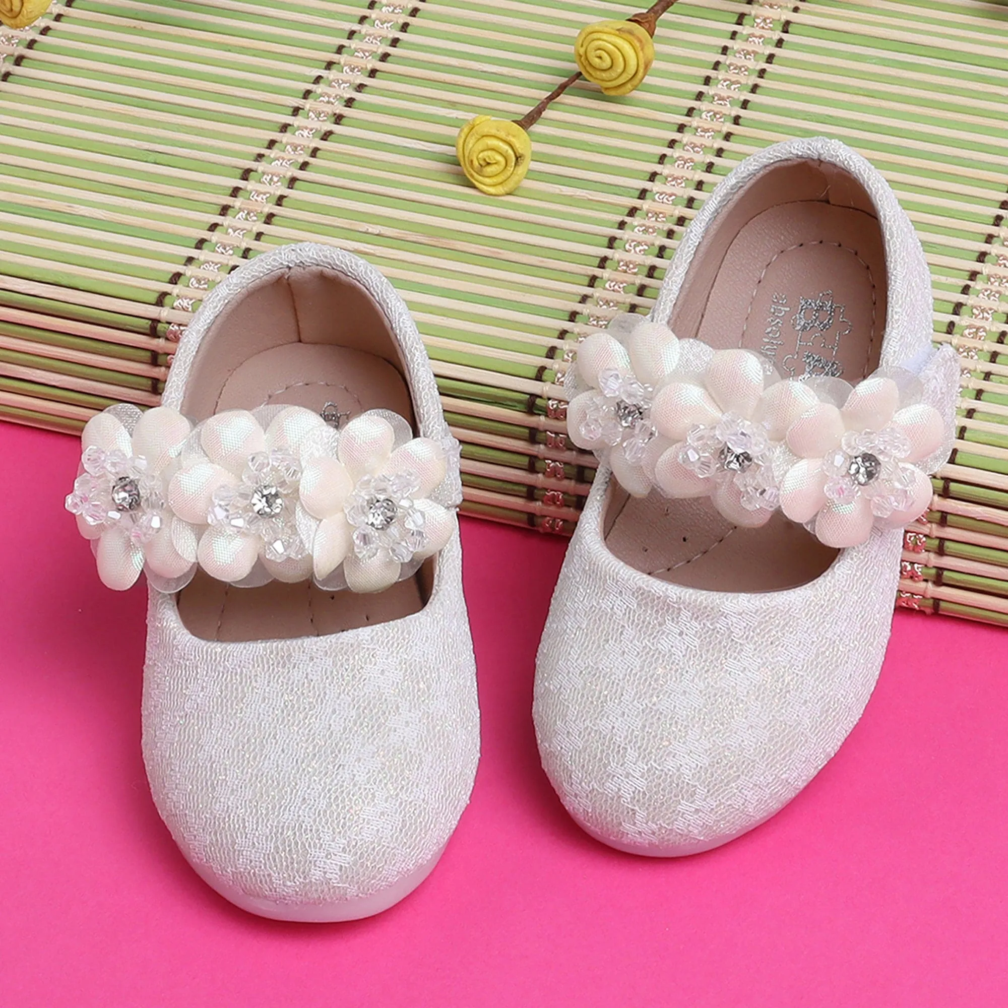Baby Moo Mary Jane Lace Floral Applique On Velcro Strap Anti-Skid Ballerina Shoes - Gold