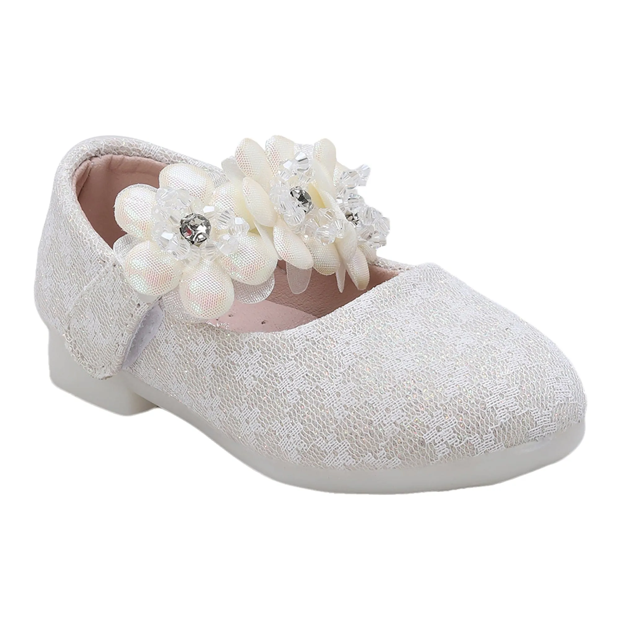 Baby Moo Mary Jane Lace Floral Applique On Velcro Strap Anti-Skid Ballerina Shoes - Gold