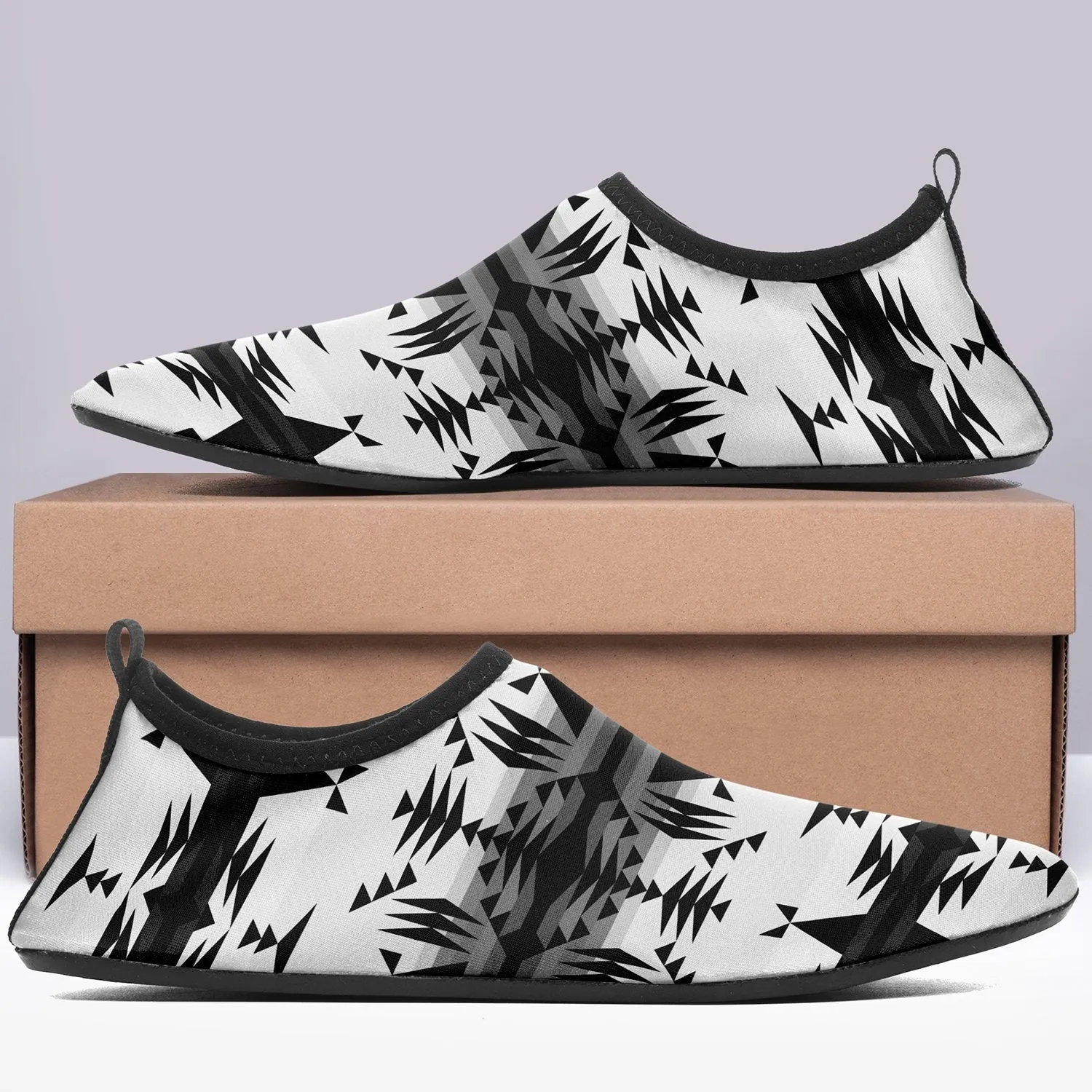 Between the Mountains White and Black Sockamoccs Slip On Shoes