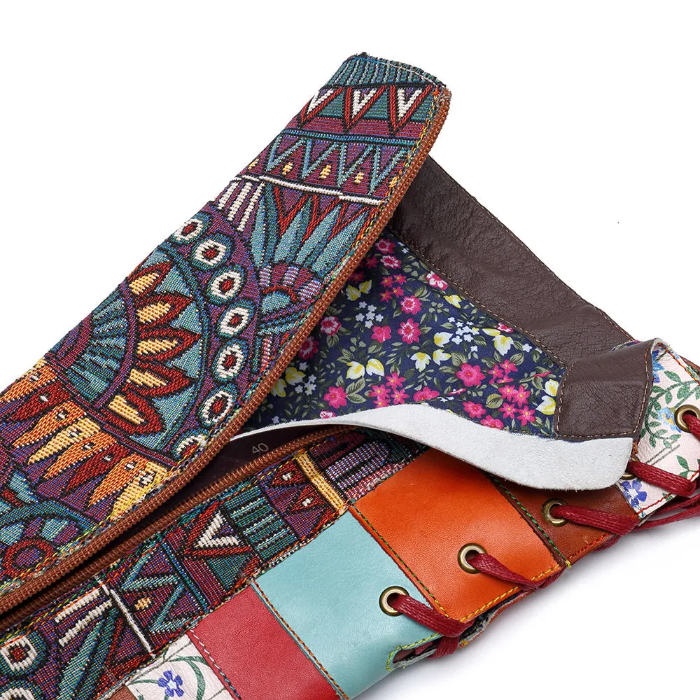 Bohemian Leather Splicing Pattern High Tube Boots