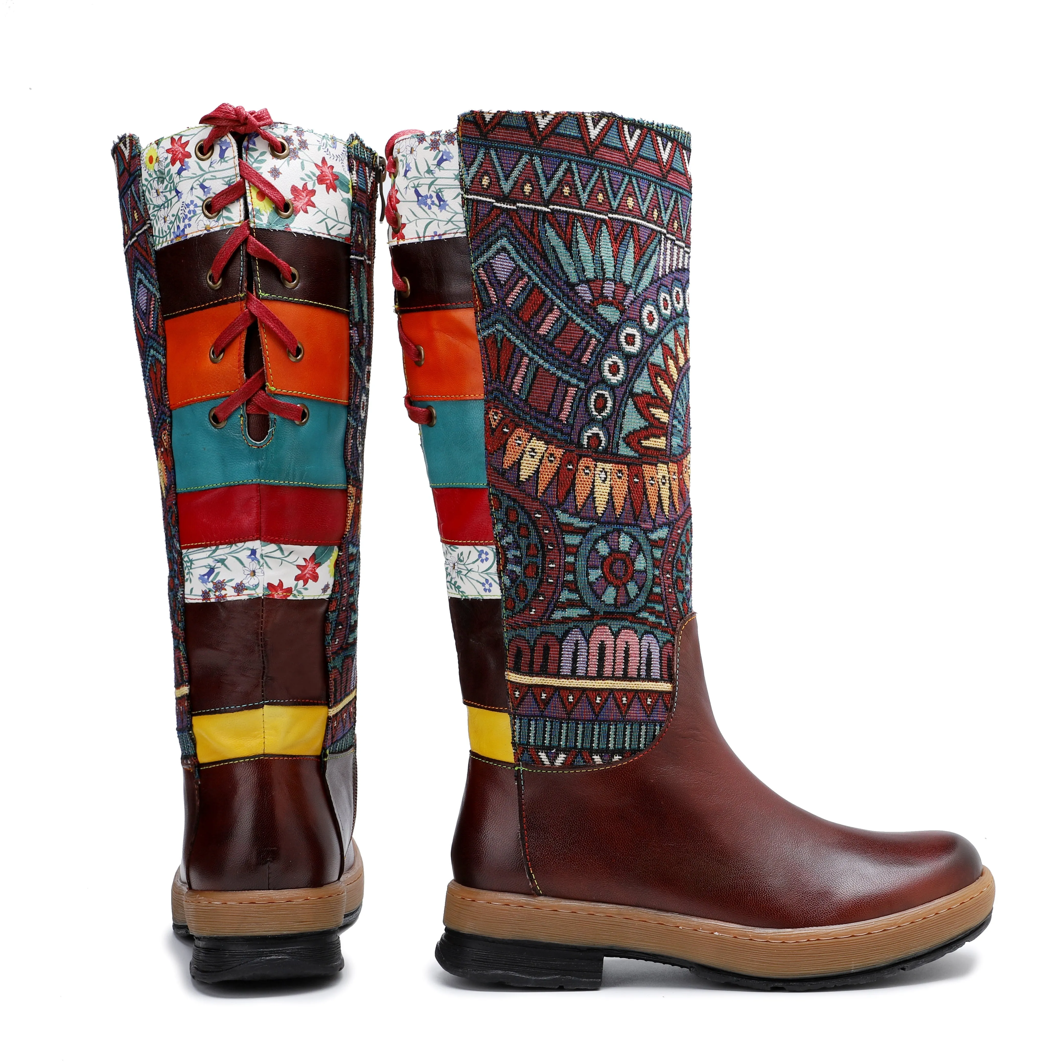Bohemian Leather Splicing Pattern High Tube Boots
