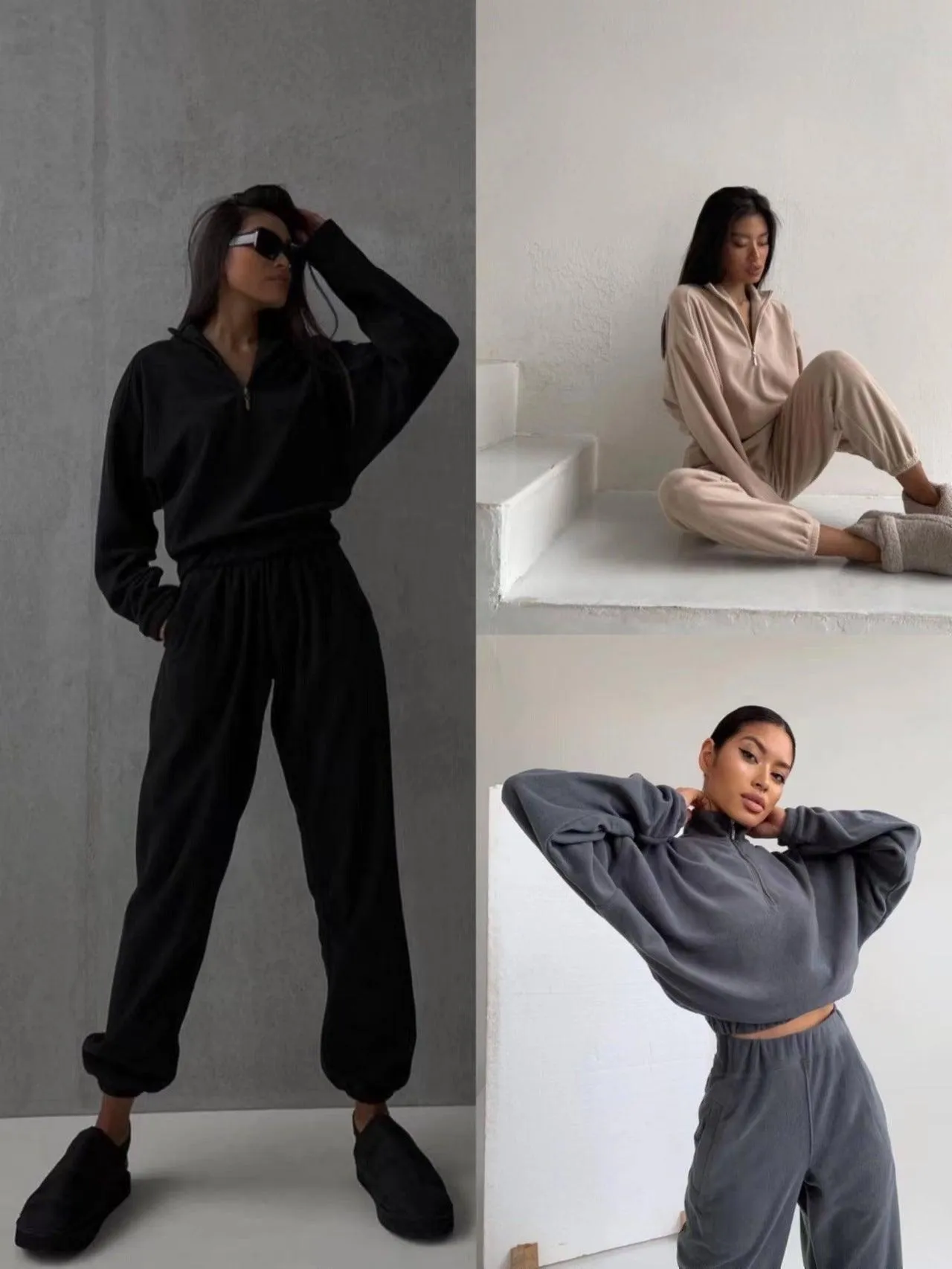 Fashion High Collar Leisure Fleece Sweater Suit
