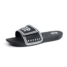 FUNKYMONKEY Sandals for Men Hook and Loop Adjustable Slip on Sport Slides (9 M US, Black/White)