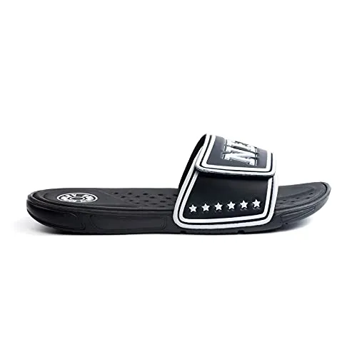 FUNKYMONKEY Sandals for Men Hook and Loop Adjustable Slip on Sport Slides (9 M US, Black/White)