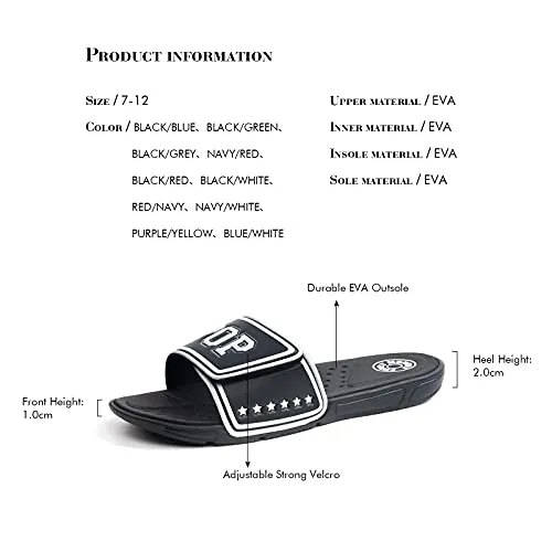 FUNKYMONKEY Sandals for Men Hook and Loop Adjustable Slip on Sport Slides (9 M US, Black/White)