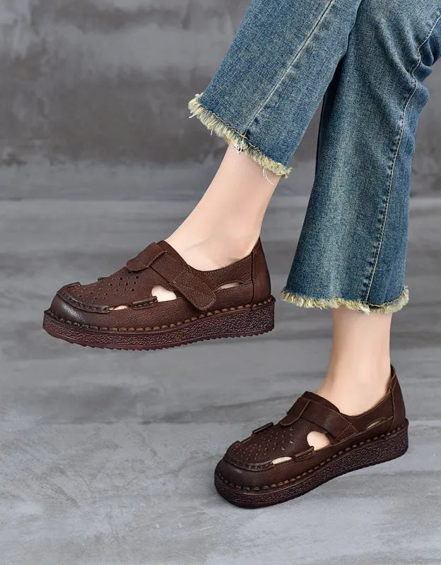 Real Leather Soft Sole Cute Out Handmade Retro Flat Shoes