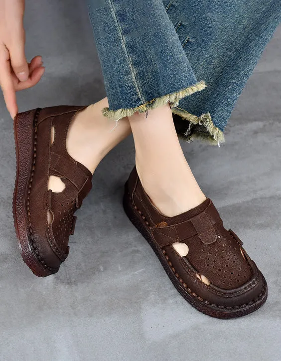 Real Leather Soft Sole Cute Out Handmade Retro Flat Shoes