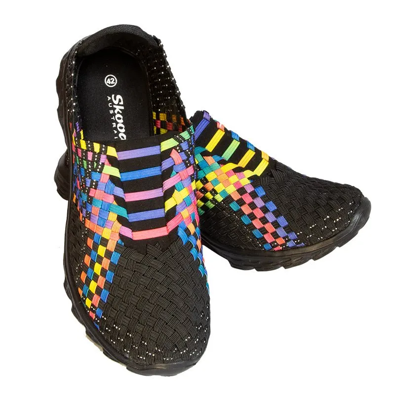 Skooda Ladies Black Sporty Rainbow, Flat lace, Black soles