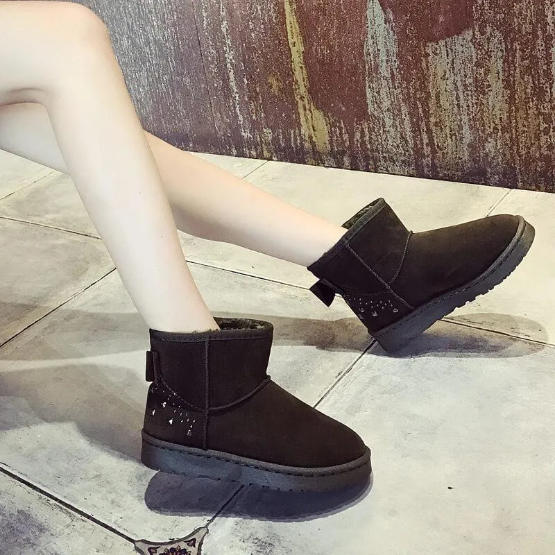 Snow Fur Rivet Ankle Low Heel Boots