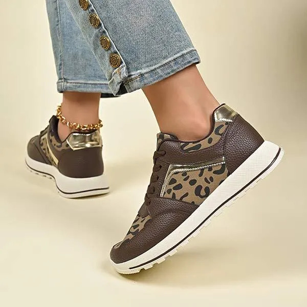 Women's Flat Leopard Print Lace-Up Casual Sneakers 22195217C